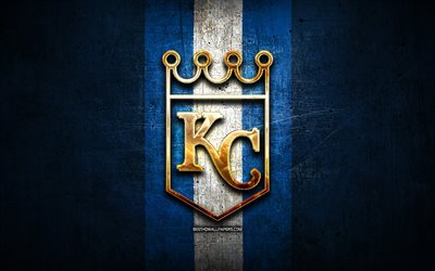 Kansas City Royals, kultainen logo, MLB, sininen metalli tausta, amerikkalainen baseball-joukkue, Major League Baseball, Kansas City Royals-logo, baseball, USA