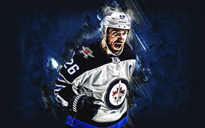 Blake Wheeler, Winnipeg Jets, portr&#228;tt, amerikansk sk&#229;despelare, anfallare, NHL, bl&#229; sten bakgrund, hockey, USA