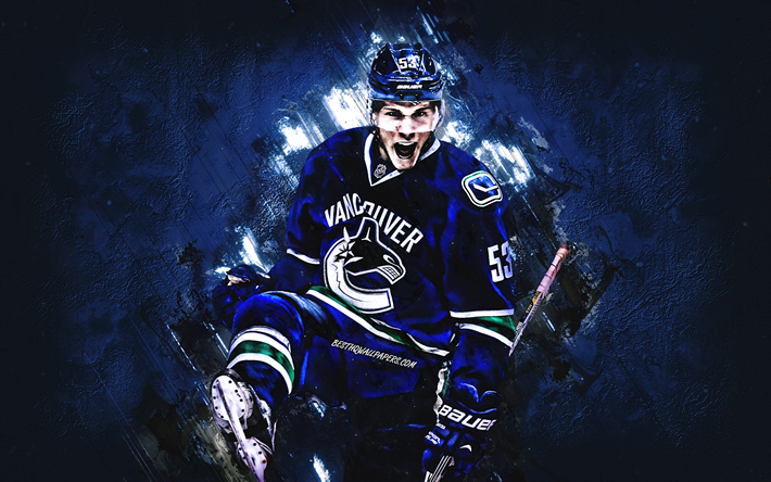Bo Horvat, Vancouver Canucks, NHL, jugador de hockey Canadiense, retrato, la piedra azul de fondo, hockey