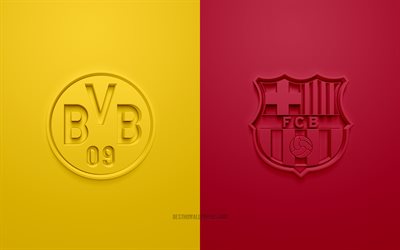 Borussia Dortmund vs FC Barcelone, en Ligue des Champions, 2019, promo, match de football, Groupe F de l&#39;UEFA, l&#39;Europe, le FC Barcelone, le Borussia Dortmund, art 3d, 3d logo