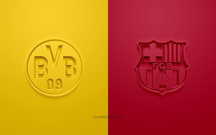 O Borussia Dortmund vs Barcelona FC, Liga Dos Campe&#245;es, 2019, promo, partida de futebol, Grupo F, A UEFA, Europa, O Barcelona FC, O Borussia Dortmund, Arte 3d, Logo em 3d