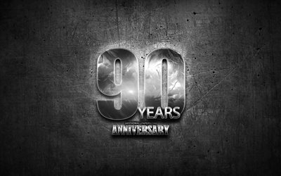 90 Years Anniversary, silver signs, creative, anniversary concepts, 90th anniversary, brown metal background, Silver 90th anniversary sign