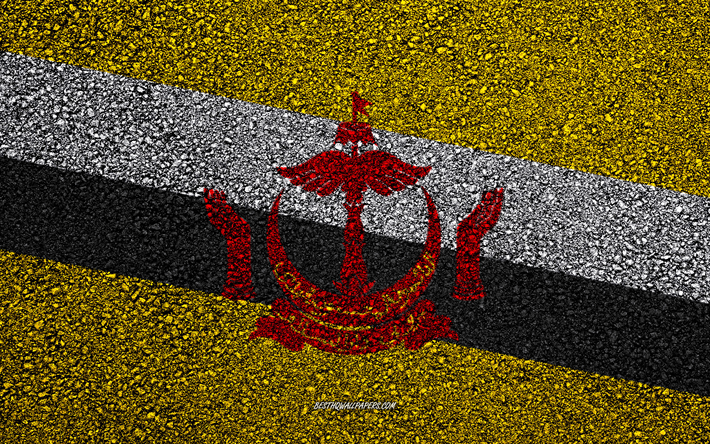 Flag of Brunei, asphalt texture, flag on asphalt, Brunei flag, Asia, Brunei, flags of Asia countries