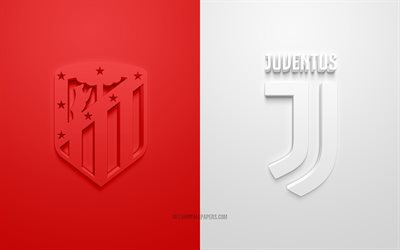 Atletico Madrid vs Juventus, Champions League, 2019, promo, partita di calcio, Gruppo D di UEFA, l&#39;Europa, l&#39;Atletico Madrid, Juventus FC, arte 3d, 3d logo