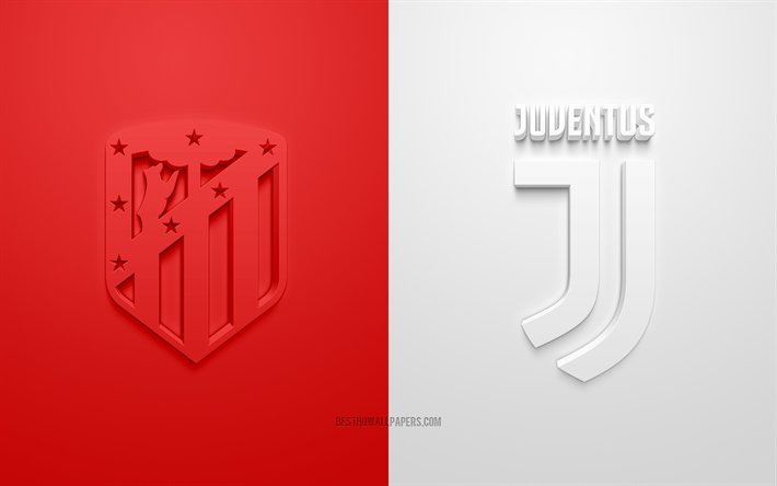 Atletico Madrid vs Juventus, de la Ligue des Champions, 2019, promo, match de football, Groupe D de l&#39;UEFA, l&#39;Europe, l&#39;Atletico de Madrid, de la Juventus FC, art 3d, 3d logo