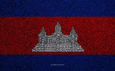 flagge von kambodscha, asphalt textur, die flagge auf asphalt, kambodscha, flagge, asien, flaggen von asien l&#228;ndern