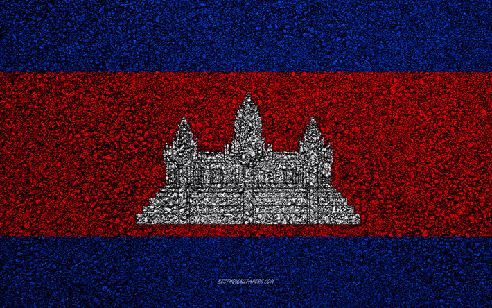 Flag of Cambodia, asphalt texture, flag on asphalt, Cambodia flag, Asia, Cambodia, flags of Asia countries