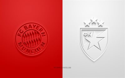 FC Bayern Monaco vs Crvena Zvezda, Champions League, 2019, promo, partita di calcio, Gruppo B, UEFA, l&#39;Europa, il Bayern Monaco, la Stella Rossa di Belgrado, arte 3d, 3d logo