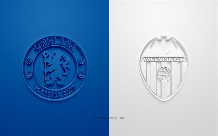 Chelsea vs Valence CF, de la Ligue des Champions, 2019, promo, match de football, Groupe H de l&#39;UEFA, l&#39;Europe, le Chelsea FC, le Valencia CF, art 3d, 3d logo