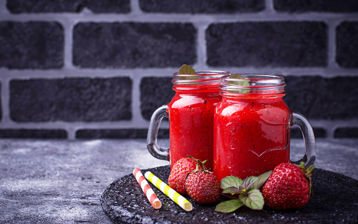 strawberry smoothies, macro, berries, fruits, breakfast, smoothie in glassful, healthy food, strawberry, fruit smoothies, smoothies with strawberry