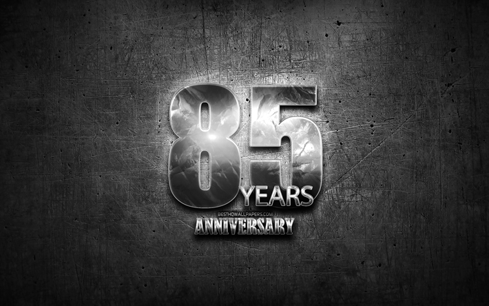 85 Years Anniversary, silver signs, creative, anniversary concepts, 85th anniversary, brown metal background, Silver 85th anniversary sign