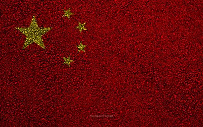 Bandeira da China, a textura do asfalto, sinalizador no asfalto, China bandeira, &#193;sia, China, bandeiras dos pa&#237;ses da &#193;sia