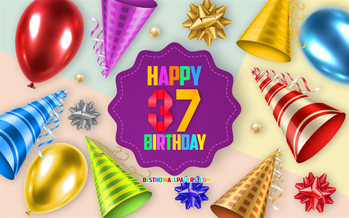 Happy 37 Years Birthday, Greeting Card, Birthday Balloon Background, creative art, Happy 37th birthday, silk bows, 37th Birthday, Birthday Party Background, Happy Birthday