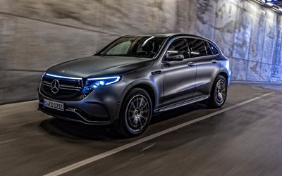 Mercedes-Benz EQC, 2020, 4k, retrovisori elettrici, SUV, new grigio EQC, auto elettriche, auto tedesche, Mercedes