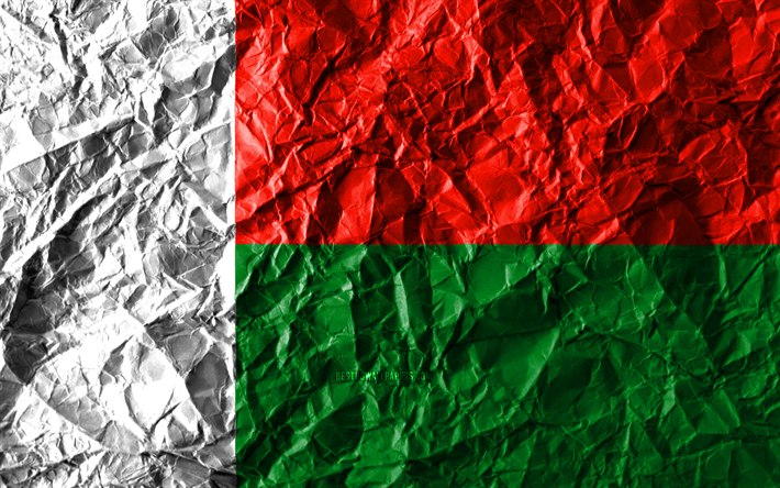 Madagaskar flagga, 4k, skrynkliga papper, Afrikanska l&#228;nder, kreativa, Flagga av Madagascar, nationella symboler, Afrika, Madagaskar 3D-flagga, Madagaskar