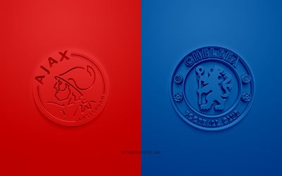 O Ajax de Amesterd&#227;o vs Chelsea FC, Liga Dos Campe&#245;es, 2019, promo, partida de futebol, Grupo H, A UEFA, Europa, O Chelsea FC, Ajax Amsterdam, Arte 3d, Logo em 3d