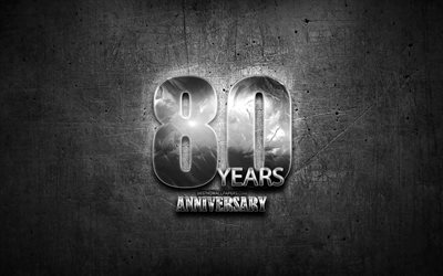 80 Years Anniversary, silver signs, creative, anniversary concepts, 80th anniversary, brown metal background, Silver 80th anniversary sign