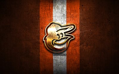 Baltimore Orioles, ouro logotipo, MLB, laranja metal de fundo, americana time de beisebol, Major League Baseball, Baltimore Orioles logotipo, beisebol, EUA