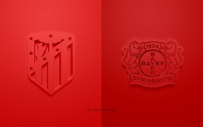 Atletico Madrid vs Bayer 04 Leverkusen in Champions League, 2019, promo, partita di calcio, Gruppo D di UEFA, l&#39;Europa, l&#39;Atletico Madrid, Bayer 04 Leverkusen, arte 3d, 3d logo