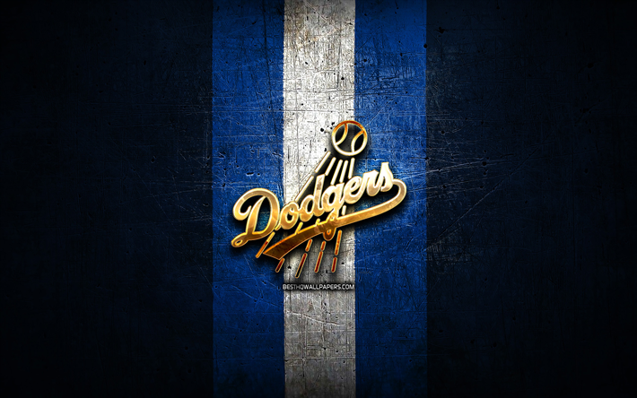 Los Angeles Dodgers, golden logo, MLB, blue metal background, american baseball team, Major League Baseball, Los Angeles Dodgers logo, baseball, USA, LA Dodgers