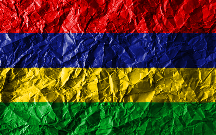 Mauritius flag, 4k, crumpled paper, African countries, creative, Flag of Mauritius, national symbols, Africa, Mauritius 3D flag, Mauritius
