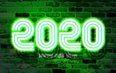 2020 neon lime siffror, 4k, Gott Nytt &#197;r 2020, lime brickwall, 2020 neon art, 2020 begrepp, neon lime siffror, 2020 p&#229; kalk bakgrund, 2020 &#229;rs siffror