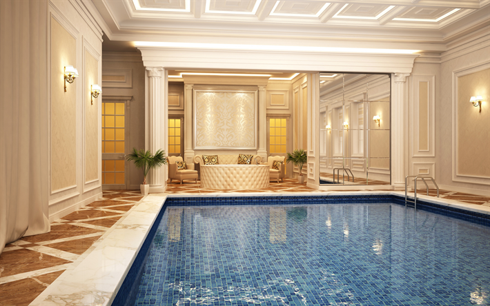 luxurious interior with pool, classic style, modern interior design, pool in the house, pool project