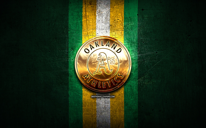 Oakland Athletics, altın logo, HABERLER, yeşil metal arka plan, Amerikan beyzbol takımı, Major League Baseball, Oakland Athletics logo, beyzbol, ABD