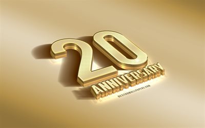 20 &#176; Anniversario segno, golden 3d, simbolo, Anniversario d&#39;oro sfondo, 20 &#176; Anniversario, creativo, arte 3d, 20 Anni, 3d, segno di Anniversario