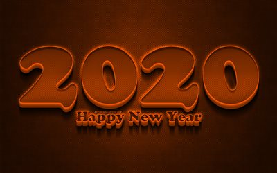 2020 orange 3D chiffres, grunge, Heureux Nouvel An 2020, orange, m&#233;tal, fond, horizon 2020 neon art, 2020 concepts, orange n&#233;on chiffres, 2020 sur fond orange, l&#39;an 2020 chiffres