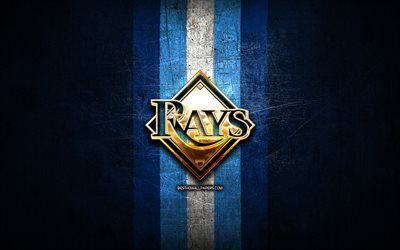 Tampa Bay Rays, golden logo, MLB, blue metal background, american baseball team, Major League Baseball, Tampa Bay Rays logo, baseball, USA
