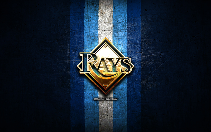 Tampa Bay Rays, golden logotyp, MLB, bl&#229; metall bakgrund, amerikansk baseball team, Major League Baseball, Tampa Bay Rays logotyp, baseball, USA