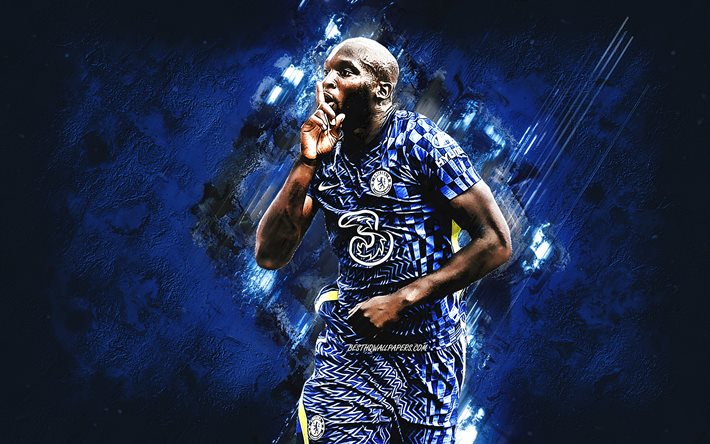 Romelu Lukaku, Chelsea FC, Belgian footballer, Lukaku Chelsea, blue stone background, Lukaku art, Premier League, football