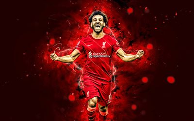 Mohamed Salah, 4k, 2021, Liverpool FC, egyptian footballers, soccer, Premier League, football, Mo Salah, red neon lights, Mohamed Salah Liverpool, Mohamed Salah 4K