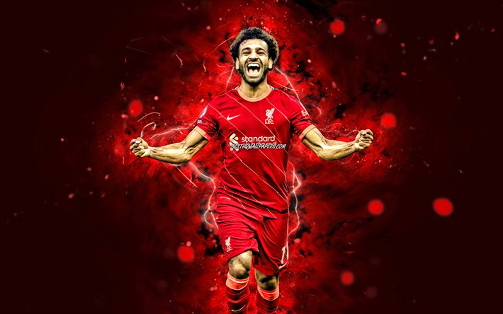 Mohamed Salah, 4k, 2021, Liverpool FC, egyptiska fotbollsspelare, fotboll, Premier League, Mo Salah, röda neonljus, Mohamed Salah Liverpool, Mohamed Salah 4K