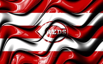 Cincinnati Reds flag, 4k, red and white 3D waves, MLB, american baseball team, Cincinnati Reds logo, baseball, Cincinnati Reds