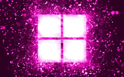 Logo Microsoft viola, 4k, luci al neon viola, creativo, sfondo astratto viola, logo Microsoft, logo Windows 11, marchi, Microsoft