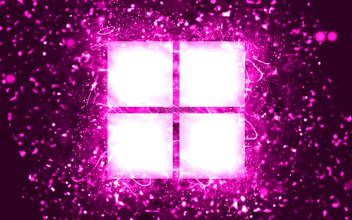 Microsoft purple logo, 4k, purple neon lights, creative, purple abstract background, Microsoft logo, Windows 11 logo, brands, Microsoft