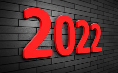 2022 punaiset 3D -numerot, 4k, harmaa tiiliseinä, 2022 liiketoimintakonseptit, hyvää uutta vuotta 2022, uusi vuosi 2022, luova, 2022 harmaalla pohjalla, 2022 käsitteet, 2022 vuoden numerot