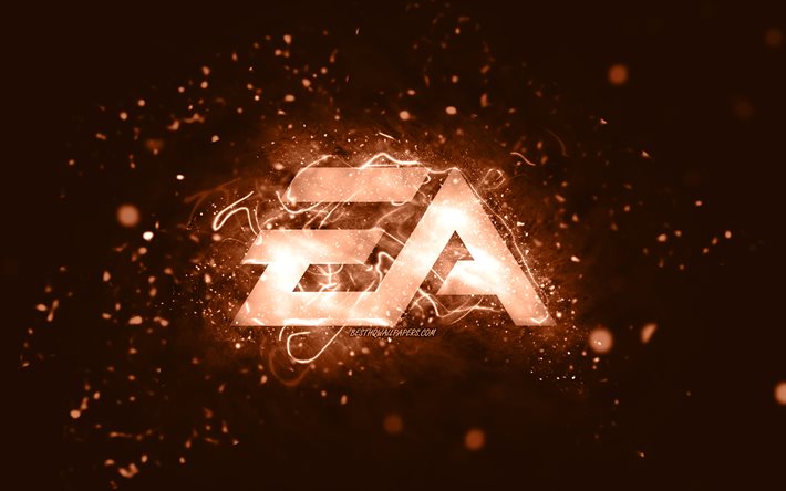 EA GAMES logo marrone, 4k, Electronic Arts, luci al neon marroni, creativo, sfondo astratto blu, logo EA GAMES, giochi online, EA GAMES