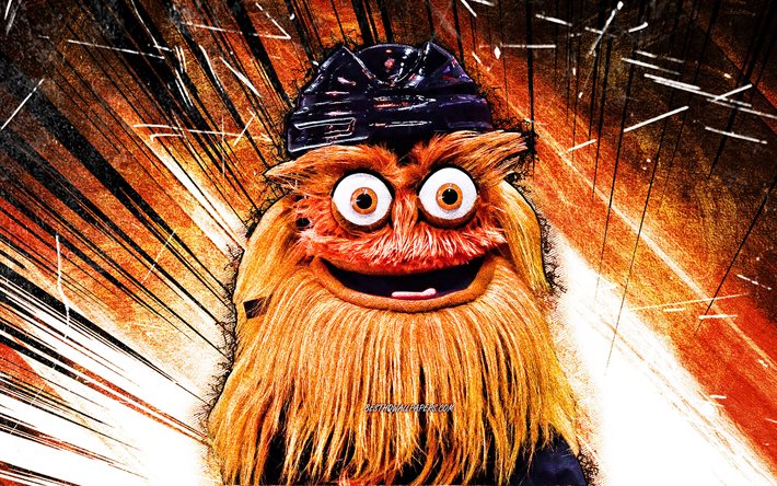 4k, Gritty, grunge art, mascot, Philadelphia Flyers, NHL, orange abstract rays, Philadelphia Flyers mascot, NHL mascots, Gritty Philadelphia Flyers, official mascot, Gritty mascot