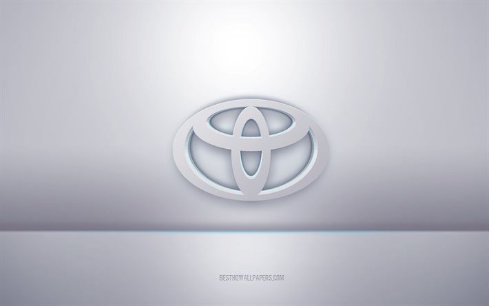 تويوتا شعار أبيض ثلاثي الأبعاد, خلفية رمادية, شعار تويوتا, الفن الإبداعي 3D, تويوتا, 3d شعار