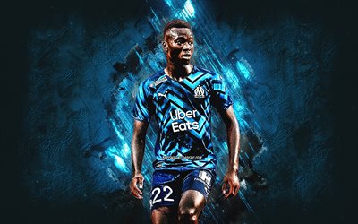Pape Gueye, Olympique de Marseille, French footballer, Ligue 1, France, blue stone background, soccer