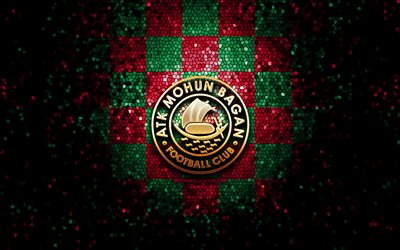 ATK Mohun Bagan FC, glitter logo, ISL, purple green checkered background, soccer, indian football club, ATK Mohun Bagan FC logo, mosaic art, football, ATK Mohun Bagan, India