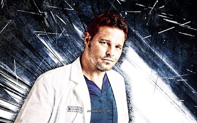 4k, Justin Chambers, grunge art, american actor, movie stars, american celebrity, blue abstract rays, Justin Chambers 4K