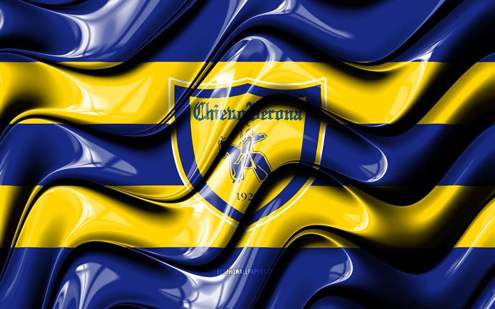 Bandeira do Chievo Verona, 4k, ondas 3D amarelas e azuis, S&#233;rie A, clube de futebol italiano, futebol, logotipo do Chievo Verona, AC ChievoVerona, Chievo Verona FC