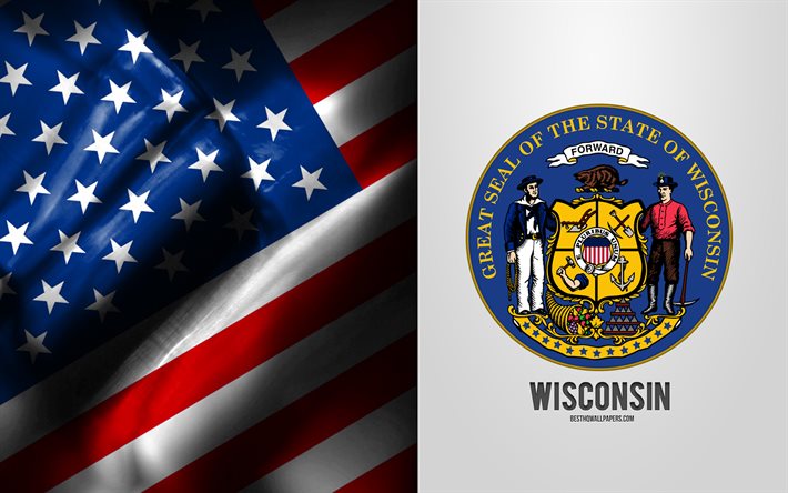 Selo de Wisconsin, bandeira dos EUA, emblema de Wisconsin, bras&#227;o de Wisconsin, bandeira americana, Wisconsin, EUA