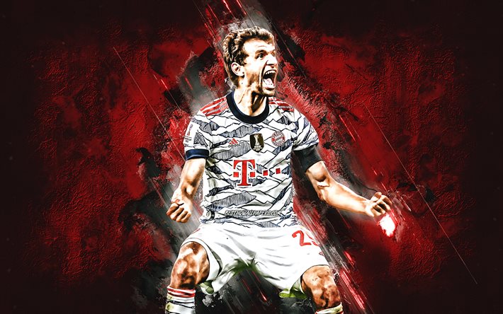 Thomas Muller, FC Bayern M&#252;nchen, saksalainen jalkapalloilija, punainen kivi tausta, Thomas Muller taide, jalkapallo, Bundesliiga