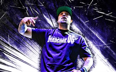 4k, B-Real, grunge art, american rapper, music stars, B-Real with microphone, blue abstract rays, Louis Freese, american celebrity, B-Real 4K