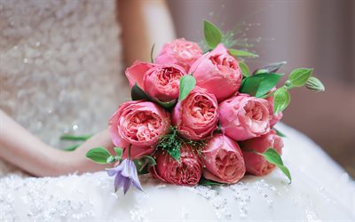 バラのブライダルブーケ, ピンクのバラの花束, ブライダルブーケ, ピンクのバラ, 美しい花で, 結婚式